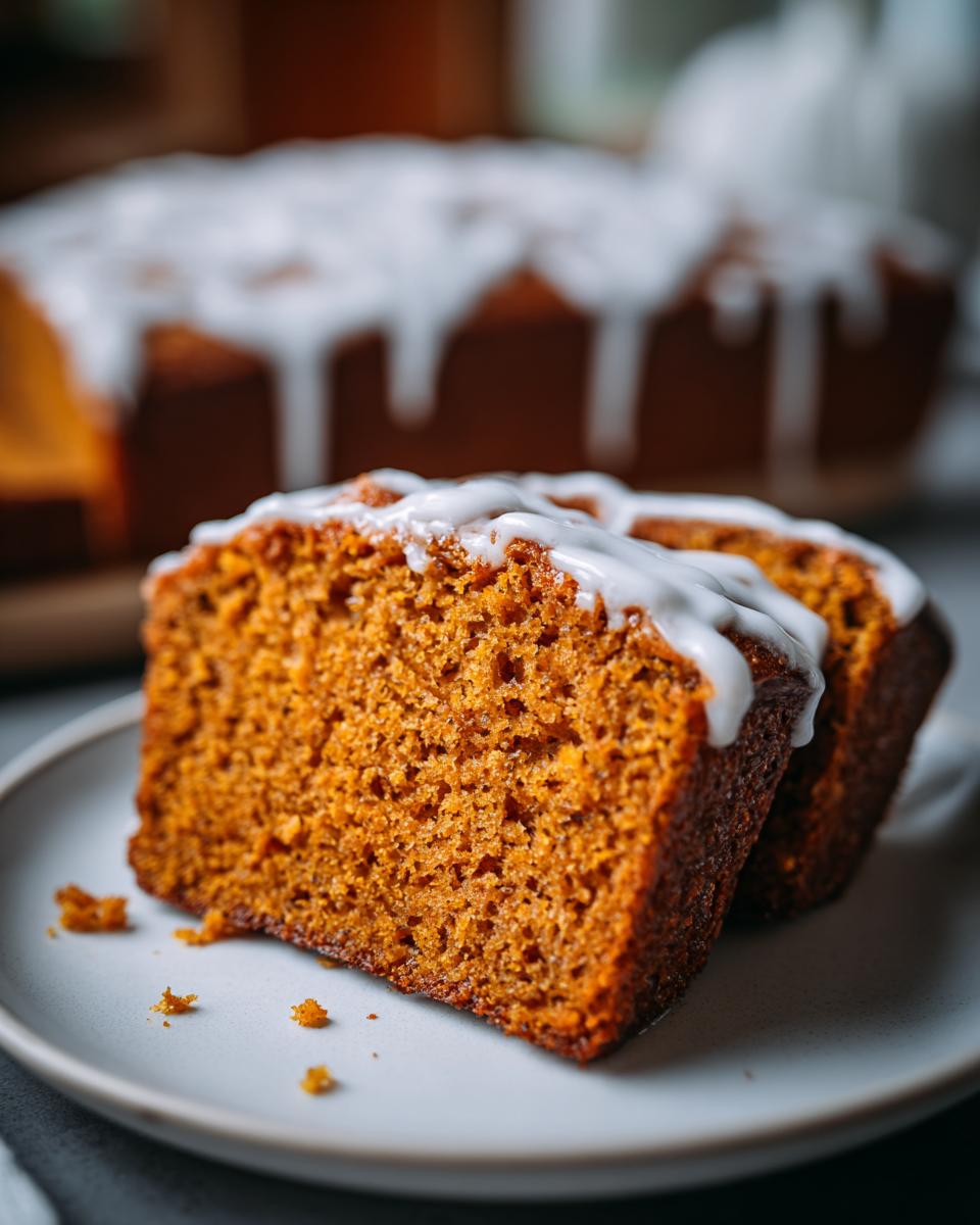 Close-up of two slices of moist pumpkin bread topped with a thick white glaze, showing the rich orange crumb.