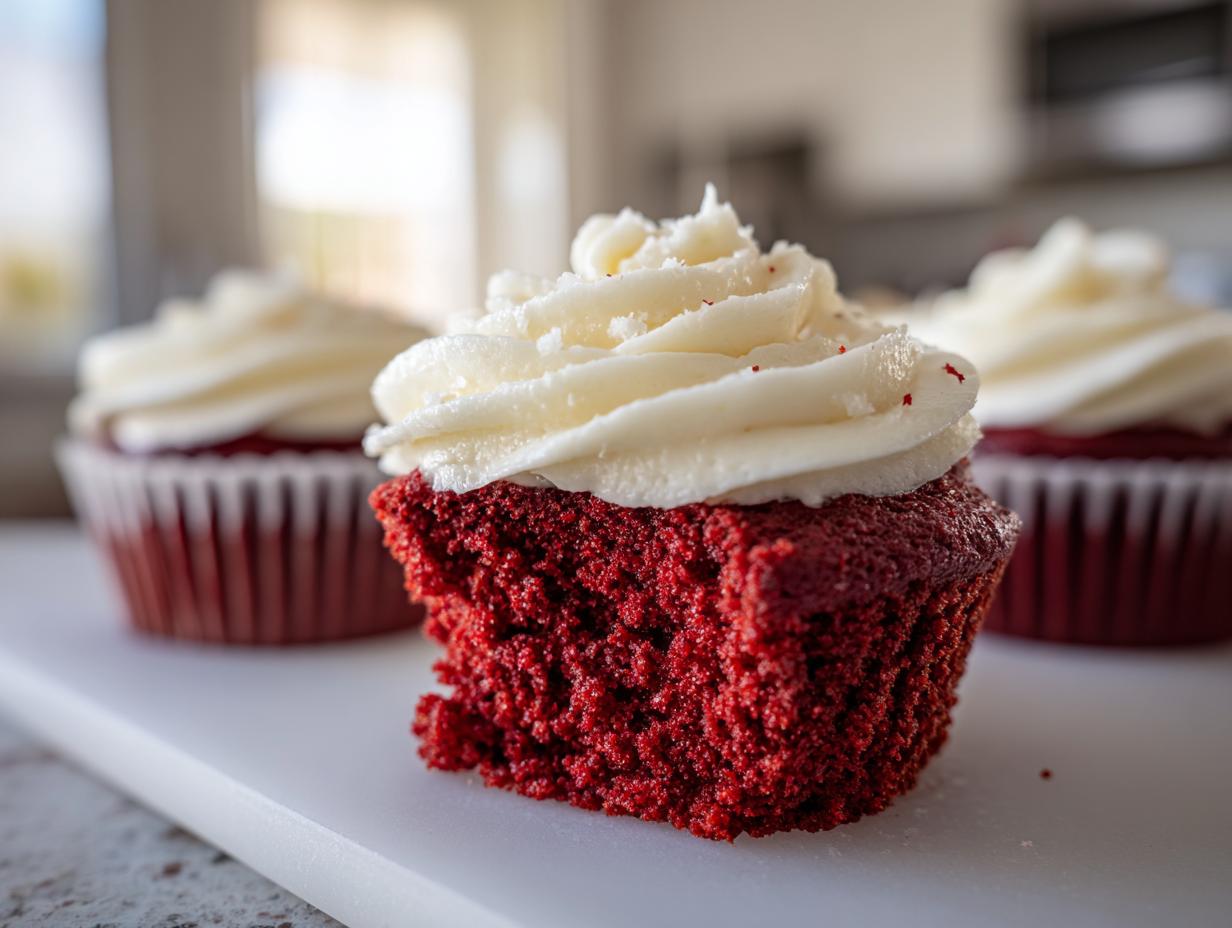 A close-up view showing the texture of a red velvet cupcakes with a bite taken out, topped with white cream cheese frosting.