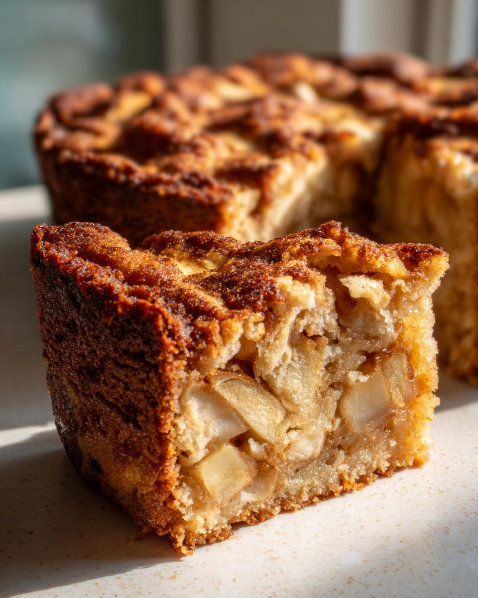 Close-up of a moist slice of jewish apple cake showing chunks of baked apple inside and a cinnamon sugar crust.