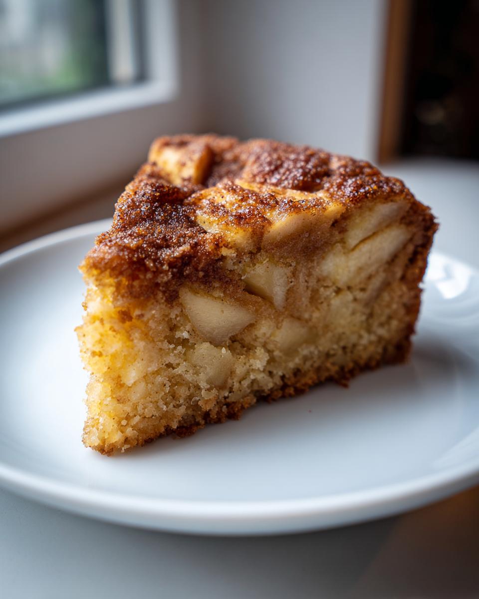 A close-up of a moist slice of jewish apple cake topped with brown sugar and cinnamon.