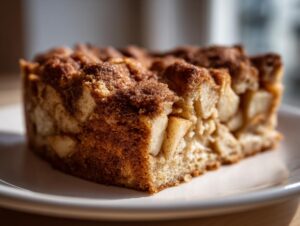 Close-up of a moist slice of jewish apple cake showing chunks of apple and a rich cinnamon sugar topping.