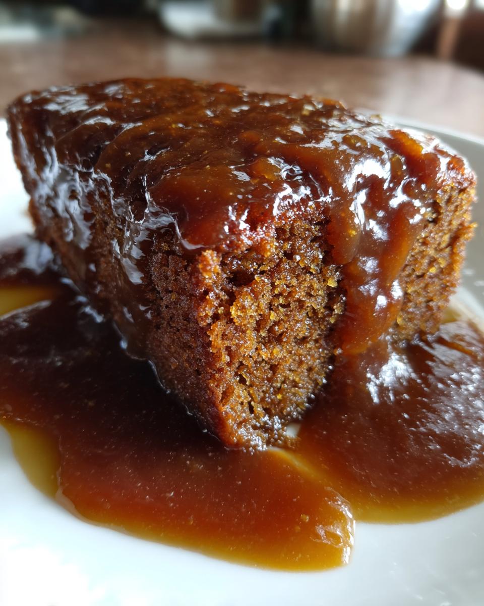 A close-up shot of a rich, dark slice of sticky toffee pudding generously covered in warm toffee sauce.