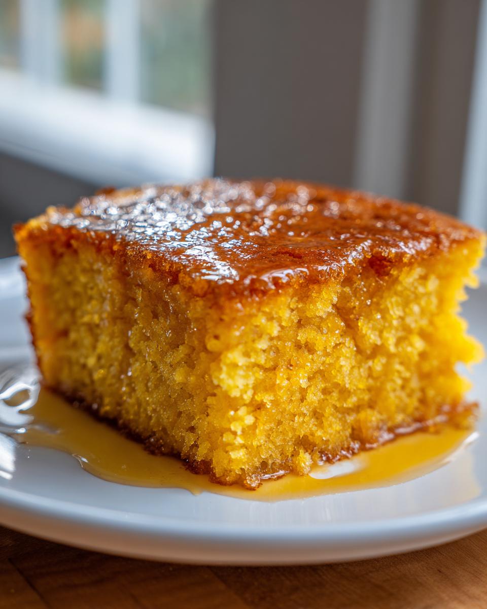 Close-up of a square slice of moist, orange sweet potato cornbread drizzled with a shiny glaze.