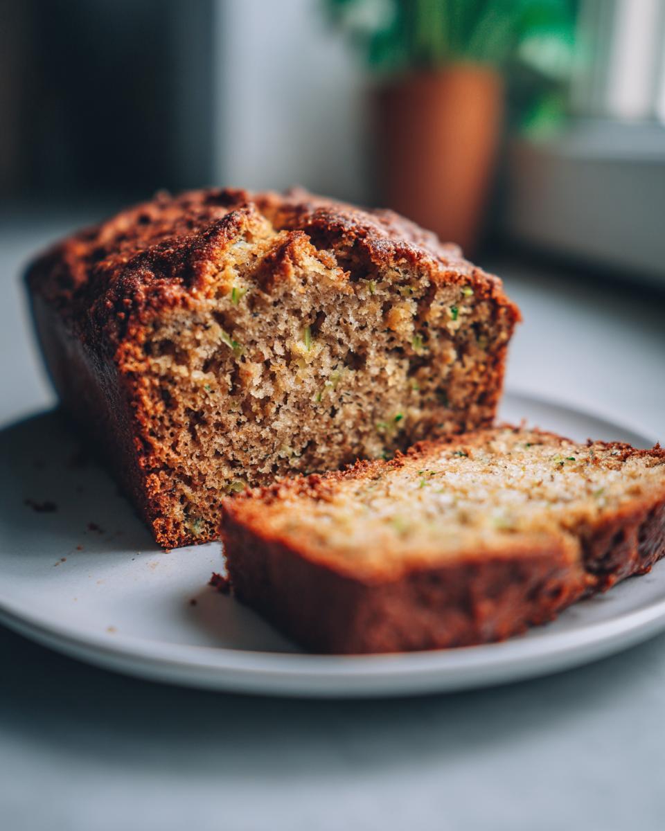 A freshly baked zucchini banana bread loaf, partially sliced, showing its moist interior texture.