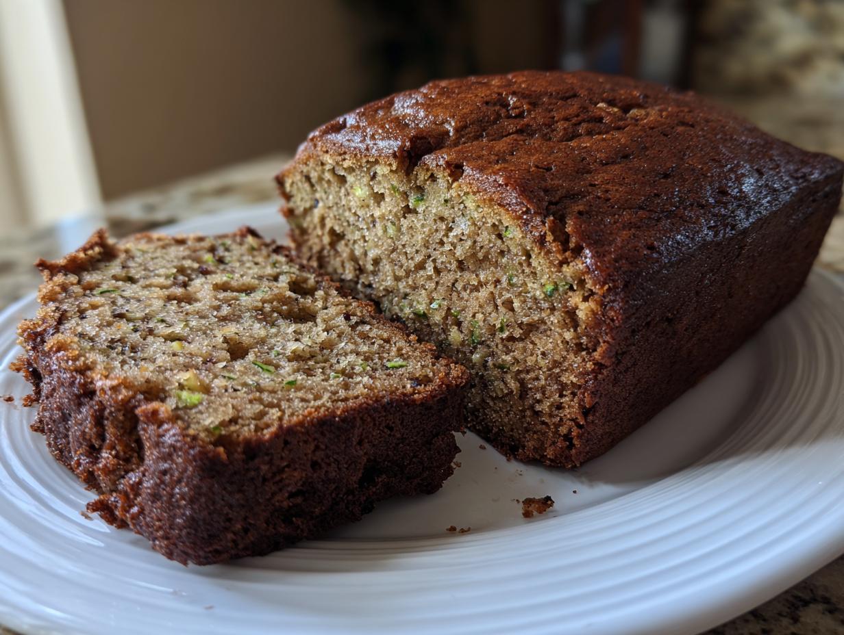 A freshly baked loaf of zucchini banana bread, with one thick slice cut and resting beside it on a white plate.