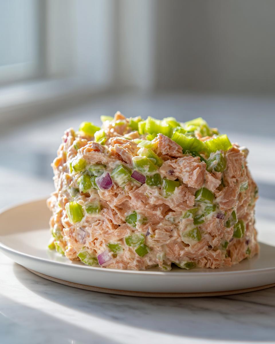 A perfectly molded cylinder of creamy salmon salad mixed with chopped celery and red onion, ready to serve.