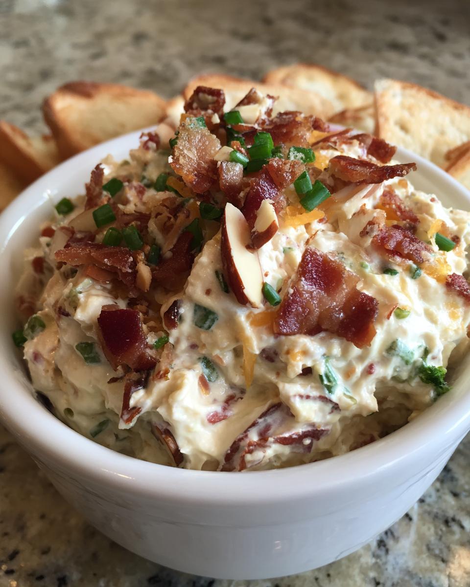 A creamy bowl of Neiman Marcus Dip topped generously with crumbled bacon, sliced almonds, and green onions.