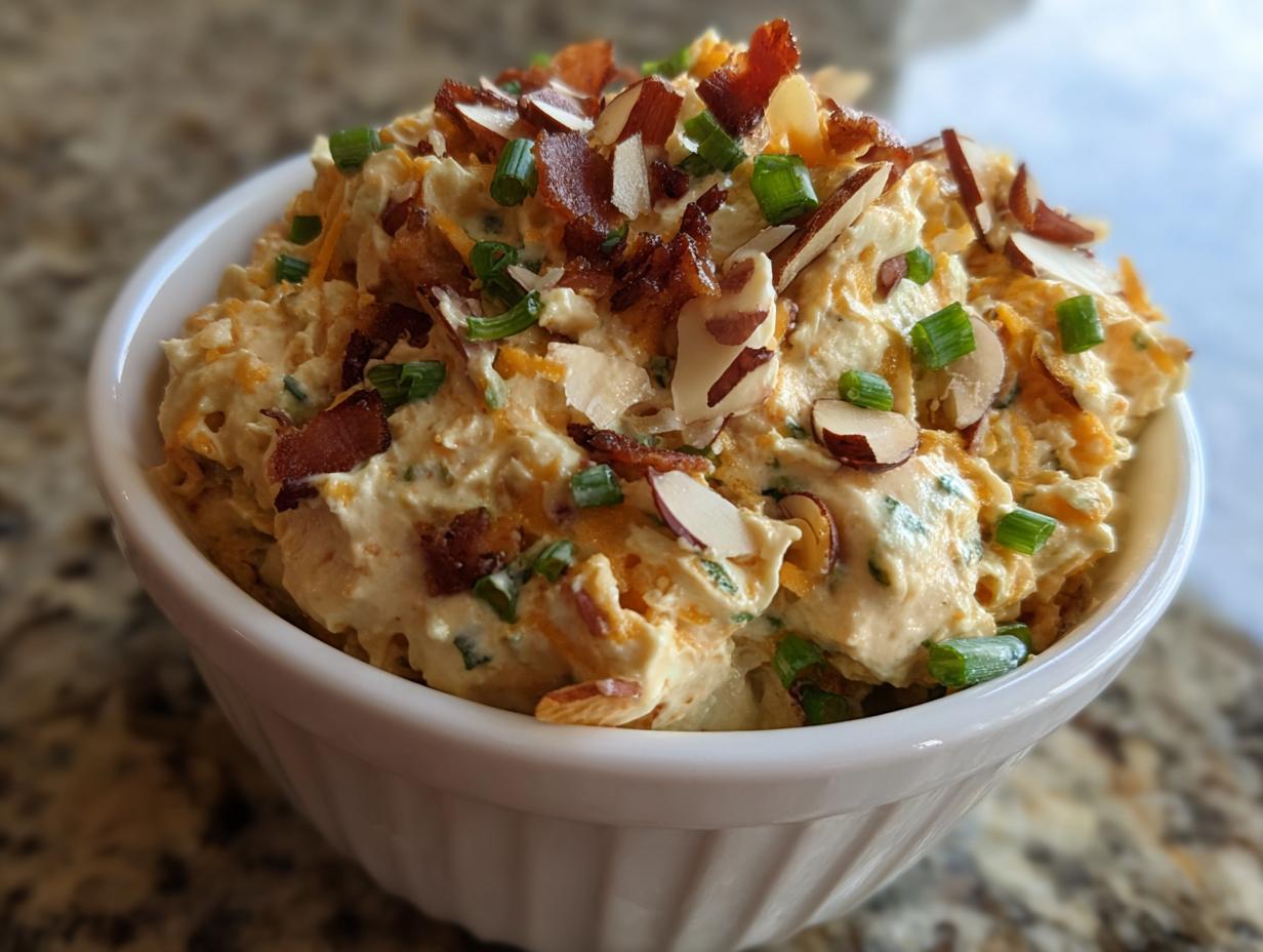 A close-up of the Neiman Marcus Dip, a creamy cheese mixture topped with bacon bits, sliced almonds, and green onions.