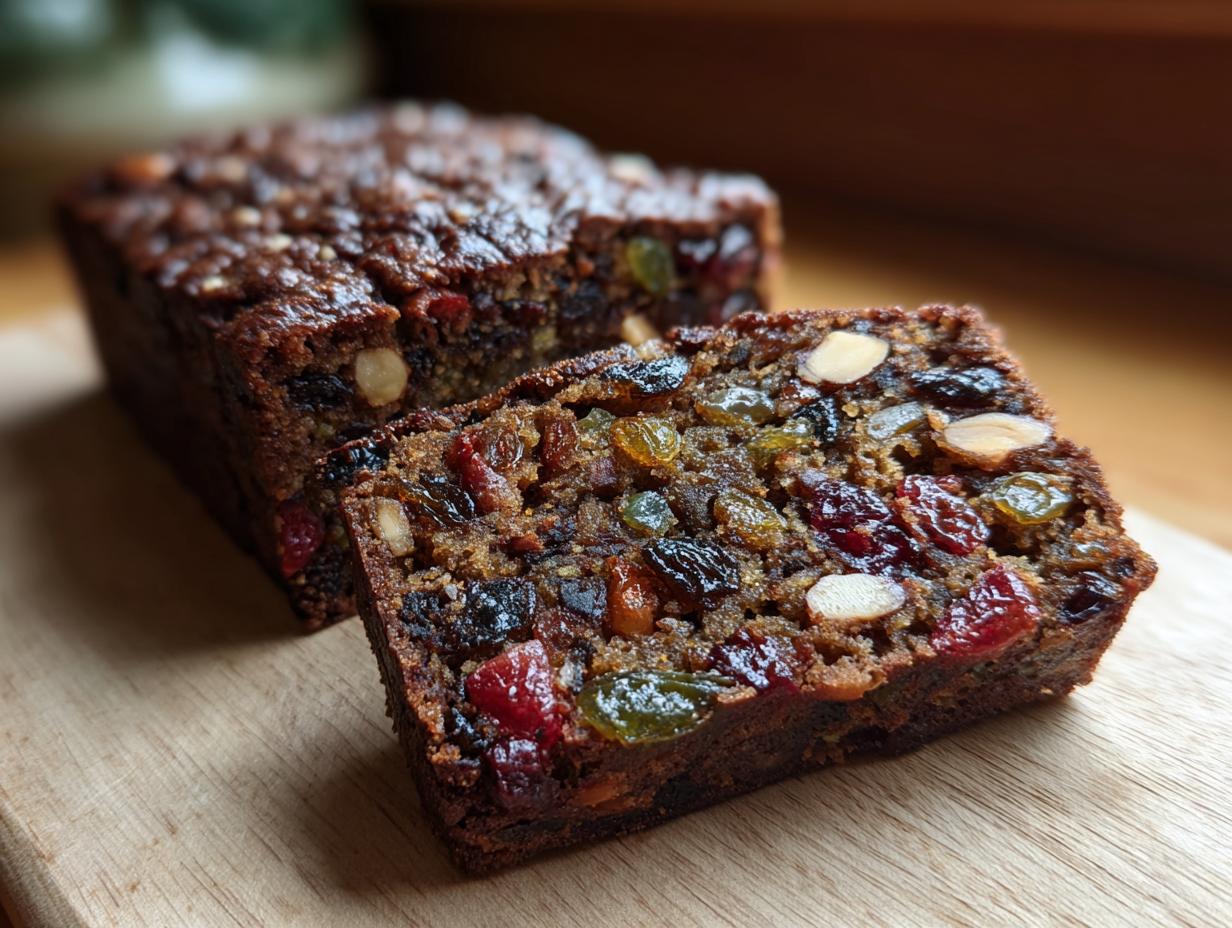 Close-up of a moist slice of fruit cake recipe packed with dried fruits and nuts on a wooden board.