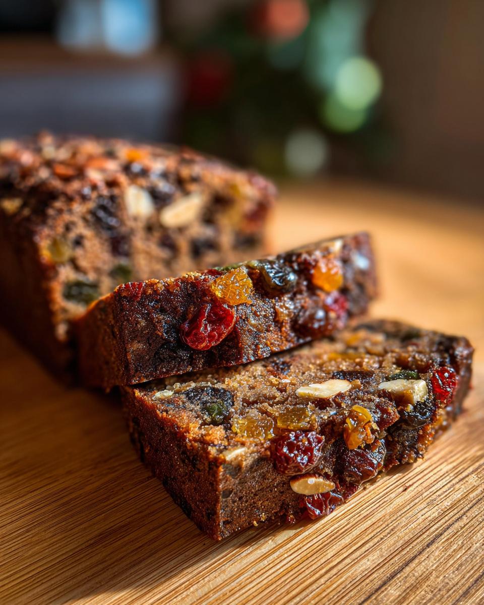 Two thick slices of rich, dark fruit cake recipe loaded with dried fruits and nuts, resting on a wooden board.
