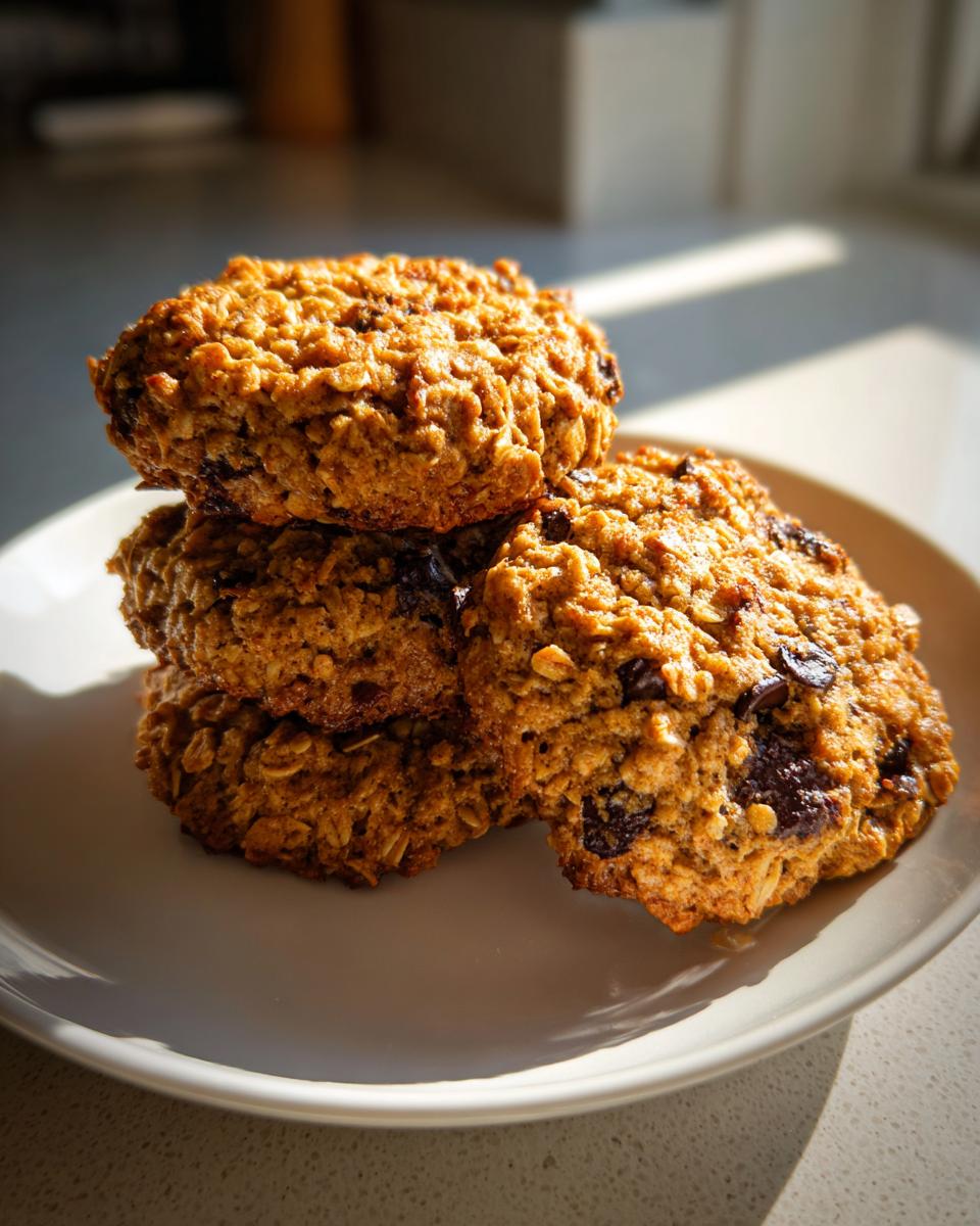 A stack of four hearty oatmeal breakfast cookie treats piled on a white plate, bathed in sunlight.