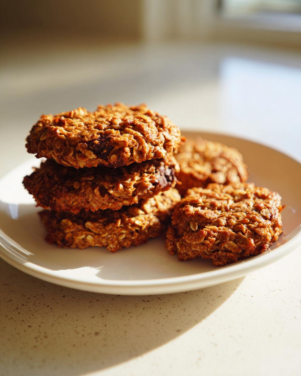 A stack of three golden brown, textured breakfast cookie treats on a white plate, with more cookies blurred in the background.