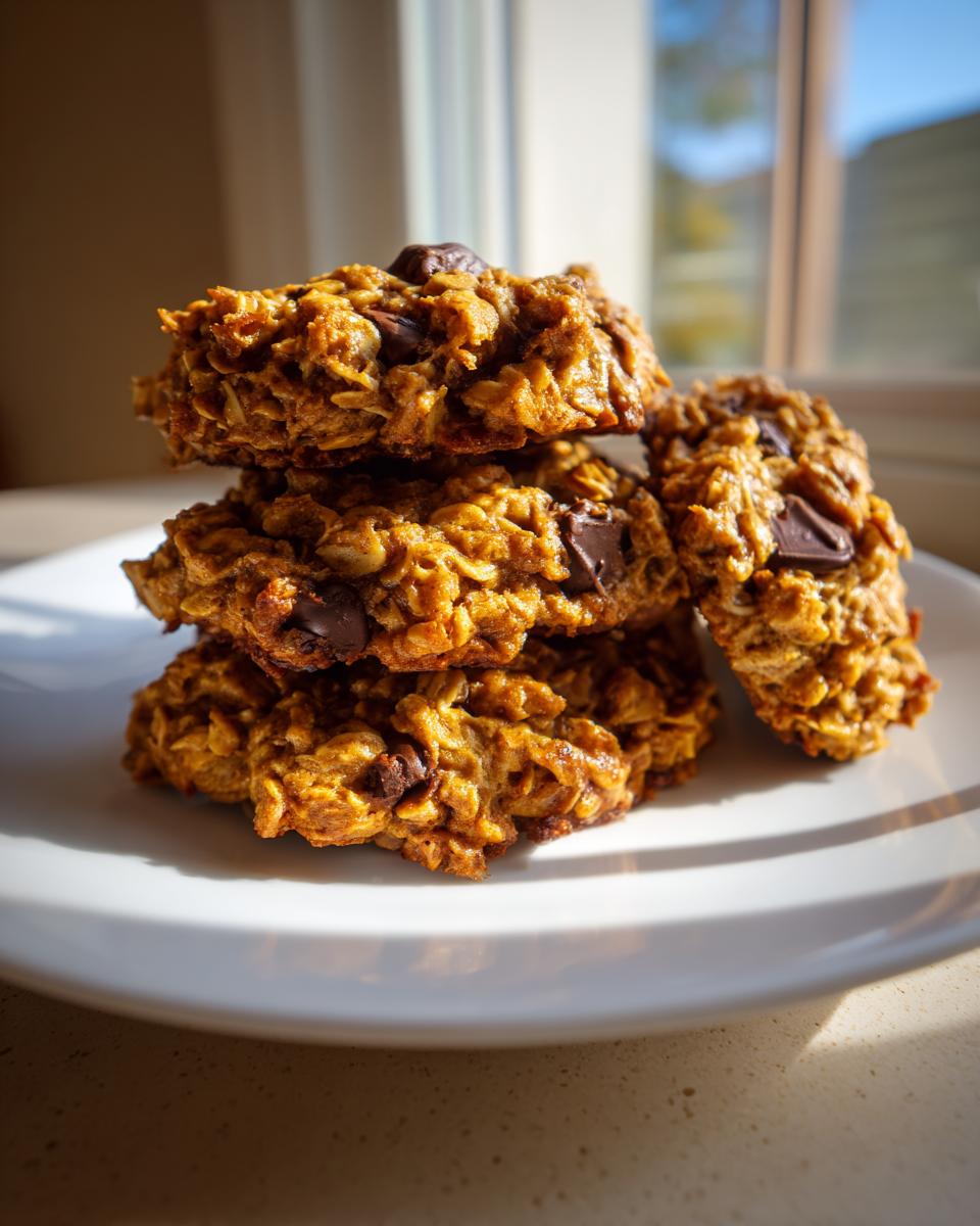 A stack of four moist, oat-based breakfast cookie treats studded with dark chocolate chips, sitting on a white plate.