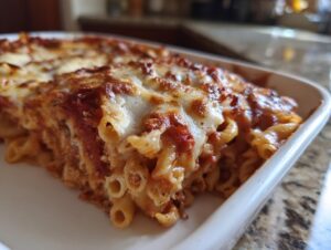 A close-up view of a baked pizza casserole featuring tubular pasta, rich tomato sauce, and a bubbly, browned layer of melted mozzarella cheese.