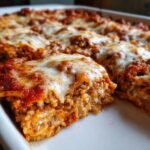 A close-up of a serving slice being lifted from a baked pizza casserole topped with melted mozzarella cheese and meat sauce.
