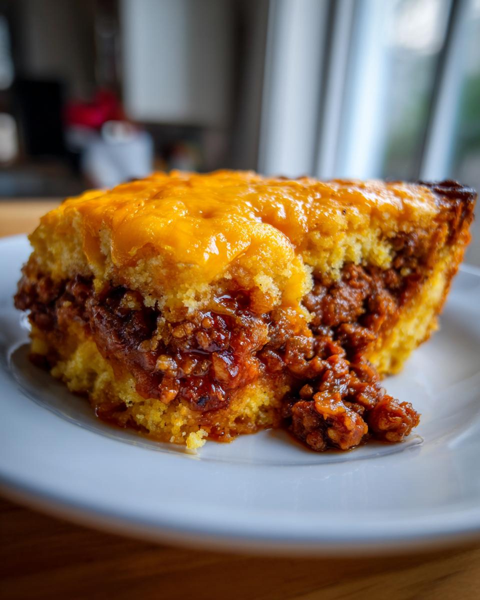A close-up of a hearty slice of tamale pie featuring a savory meat filling between two layers of cornbread topped with melted cheddar cheese.