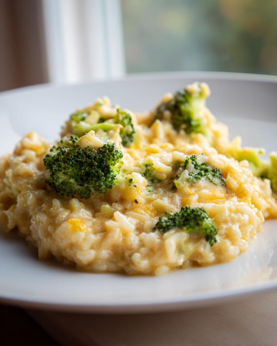 A close-up of creamy, cheesy broccoli rice mixed with bright green broccoli florets served on a white plate.
