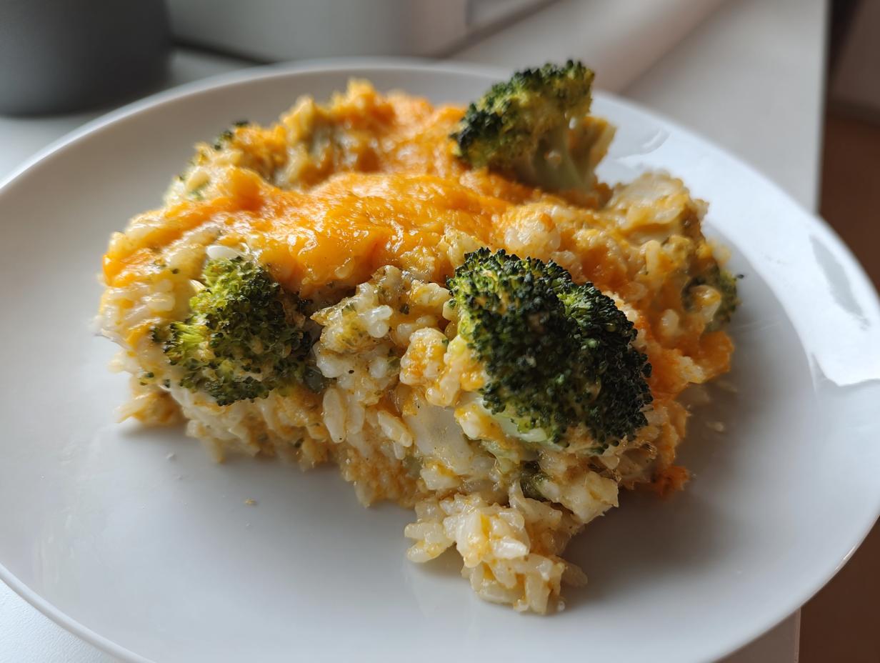 A close-up serving of creamy broccoli rice casserole topped with melted cheddar cheese.