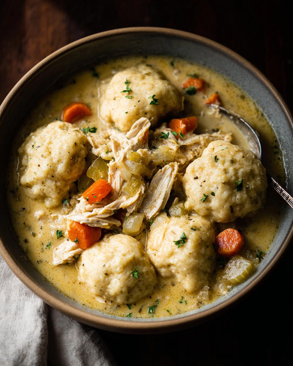 A close-up overhead shot of a bowl filled with creamy chicken and dumplings, featuring fluffy dumplings and shredded chicken.