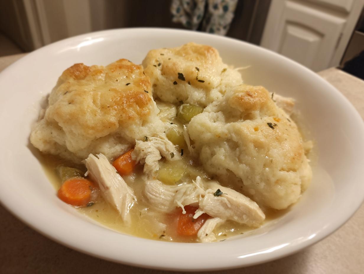 A close-up of a white bowl filled with creamy chicken and dumplings, featuring shredded chicken, carrots, and fluffy biscuits.