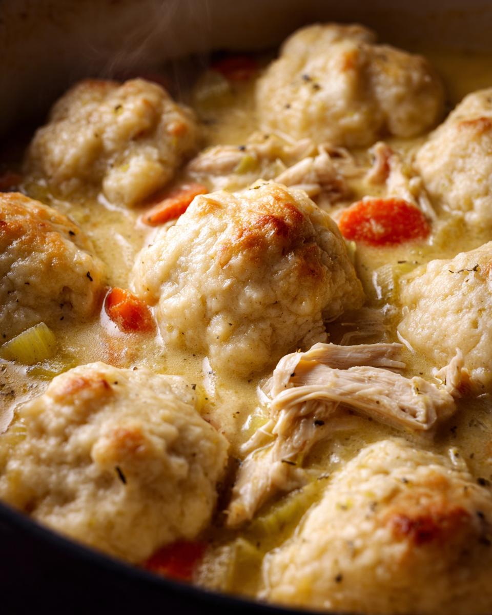 Close-up of fluffy dumplings resting on shredded chicken and vegetables in a creamy sauce, a perfect one pot chicken and dumplings dish.