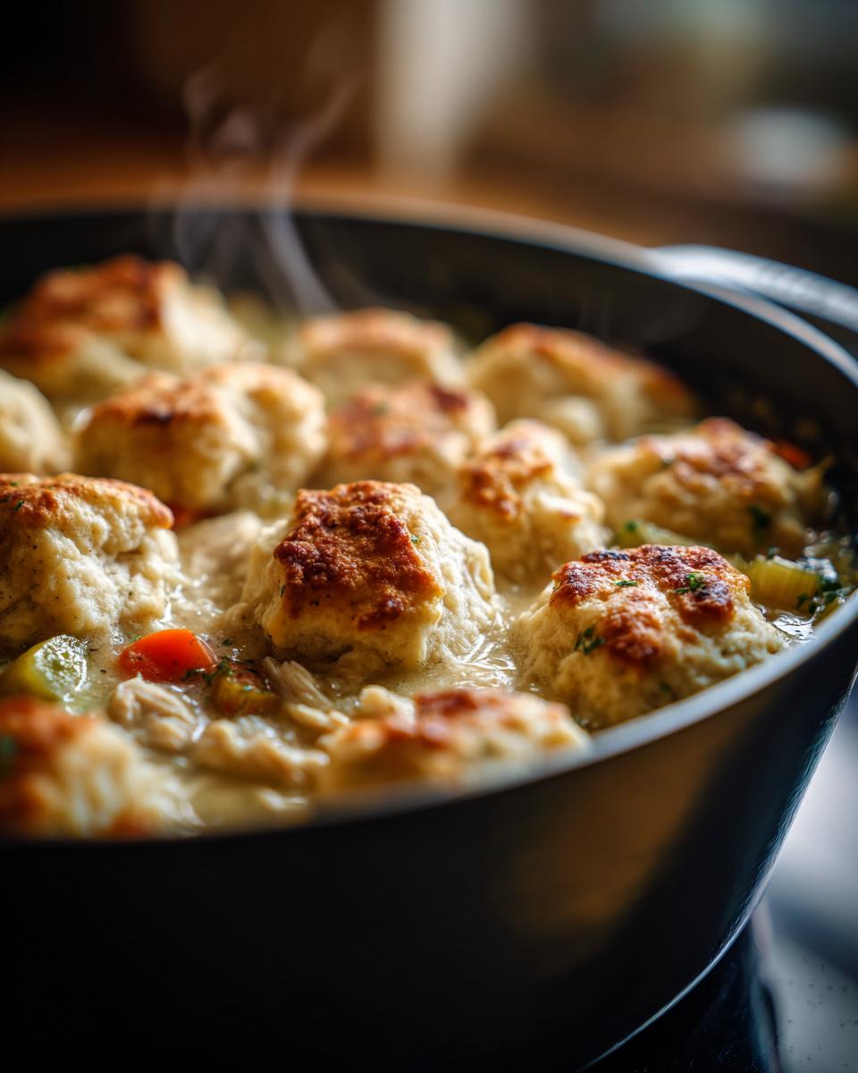 Close-up of steaming, golden-brown dumplings topping a creamy stew of chicken and vegetables, perfect chicken and dumplings.