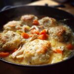 Close-up of steaming chicken and dumplings in a dark skillet with carrots and creamy sauce.