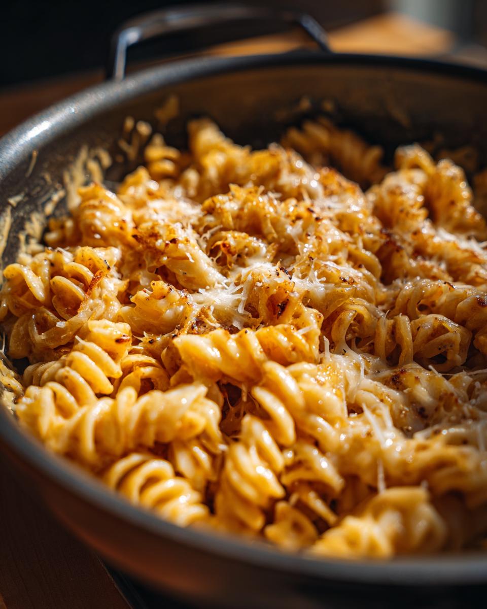 Close-up of creamy, cheesy french onion pasta made with rotini noodles in a dark skillet.