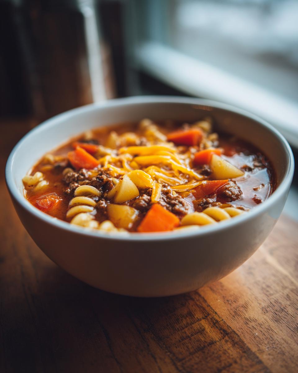 A close-up of a white bowl filled with rich hamburger soup, featuring ground beef, carrots, pasta, and melted cheddar cheese.