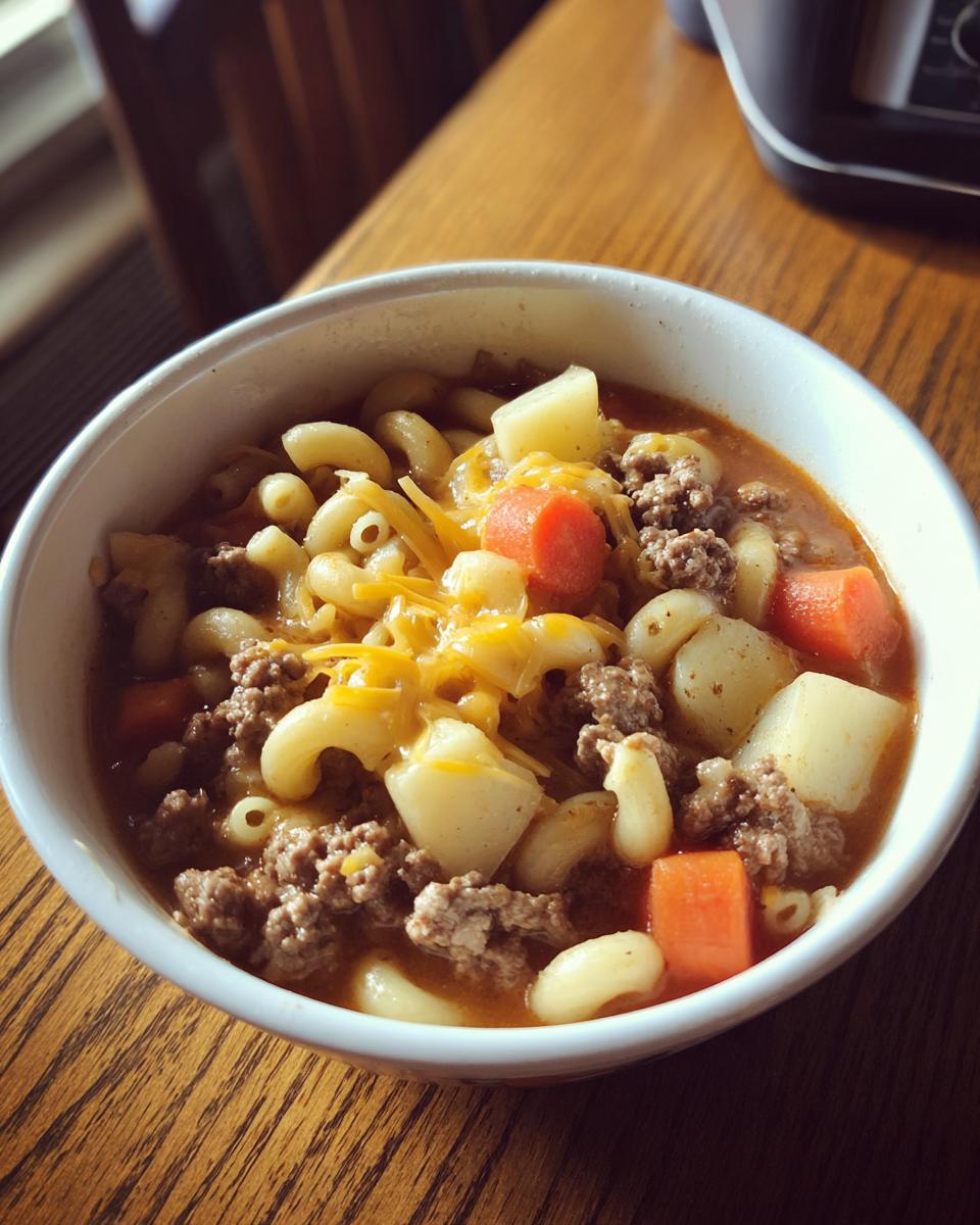 A close-up of a white bowl filled with rich hamburger soup featuring ground beef, elbow macaroni, potatoes, carrots, and melted cheese.