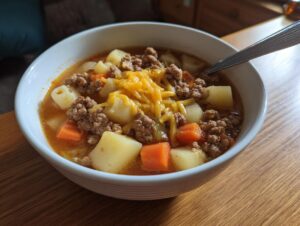 A close-up of a white bowl filled with rich hamburger soup, featuring ground beef, potatoes, carrots, and shredded cheddar cheese.