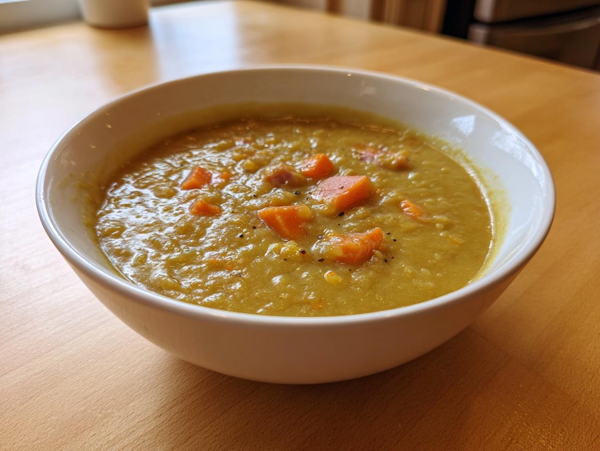 A close-up of a white bowl filled with thick, savory pea soup topped with diced carrots and black pepper.