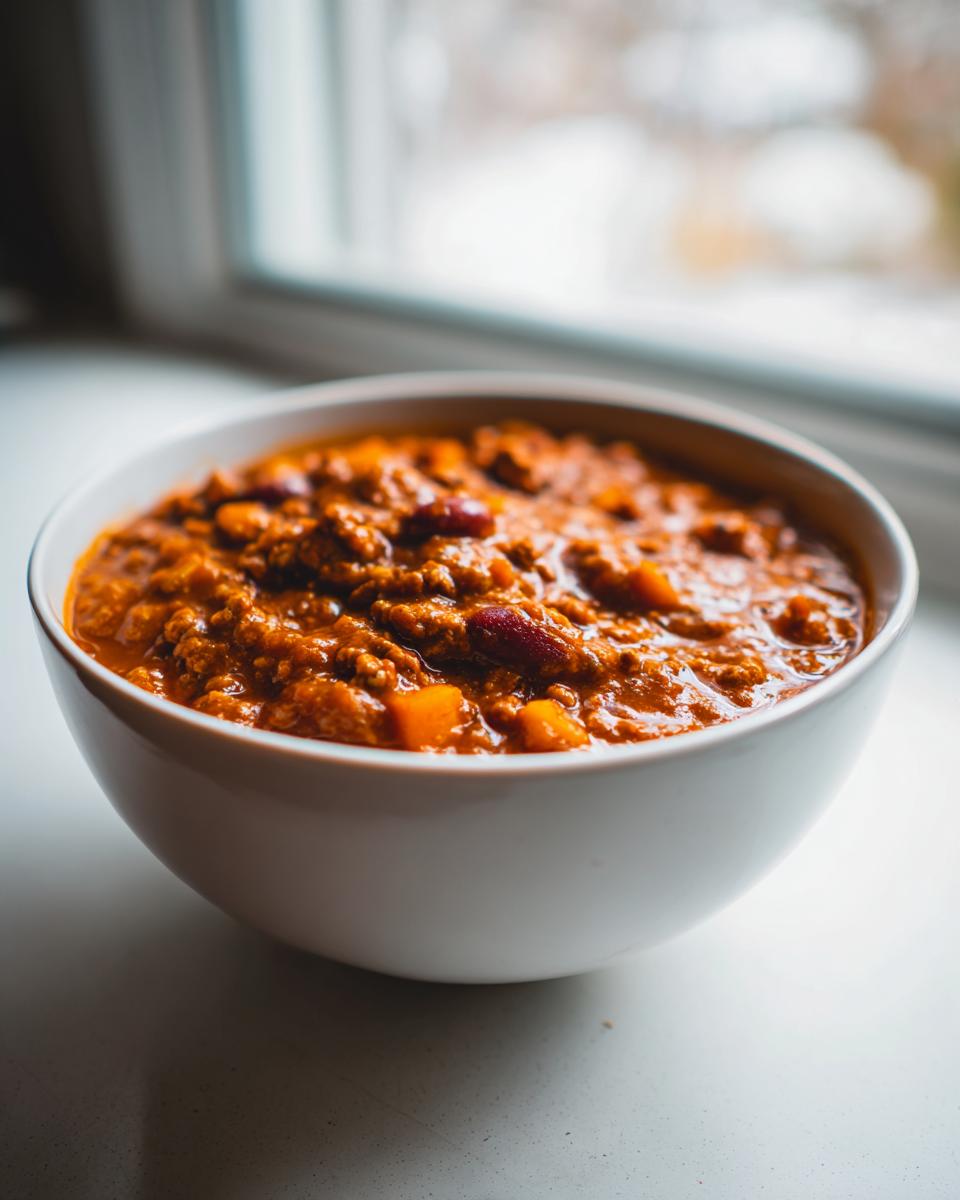 A close-up of a white bowl filled with rich, orange-red pumpkin chili, set near a window with a snowy view outside.