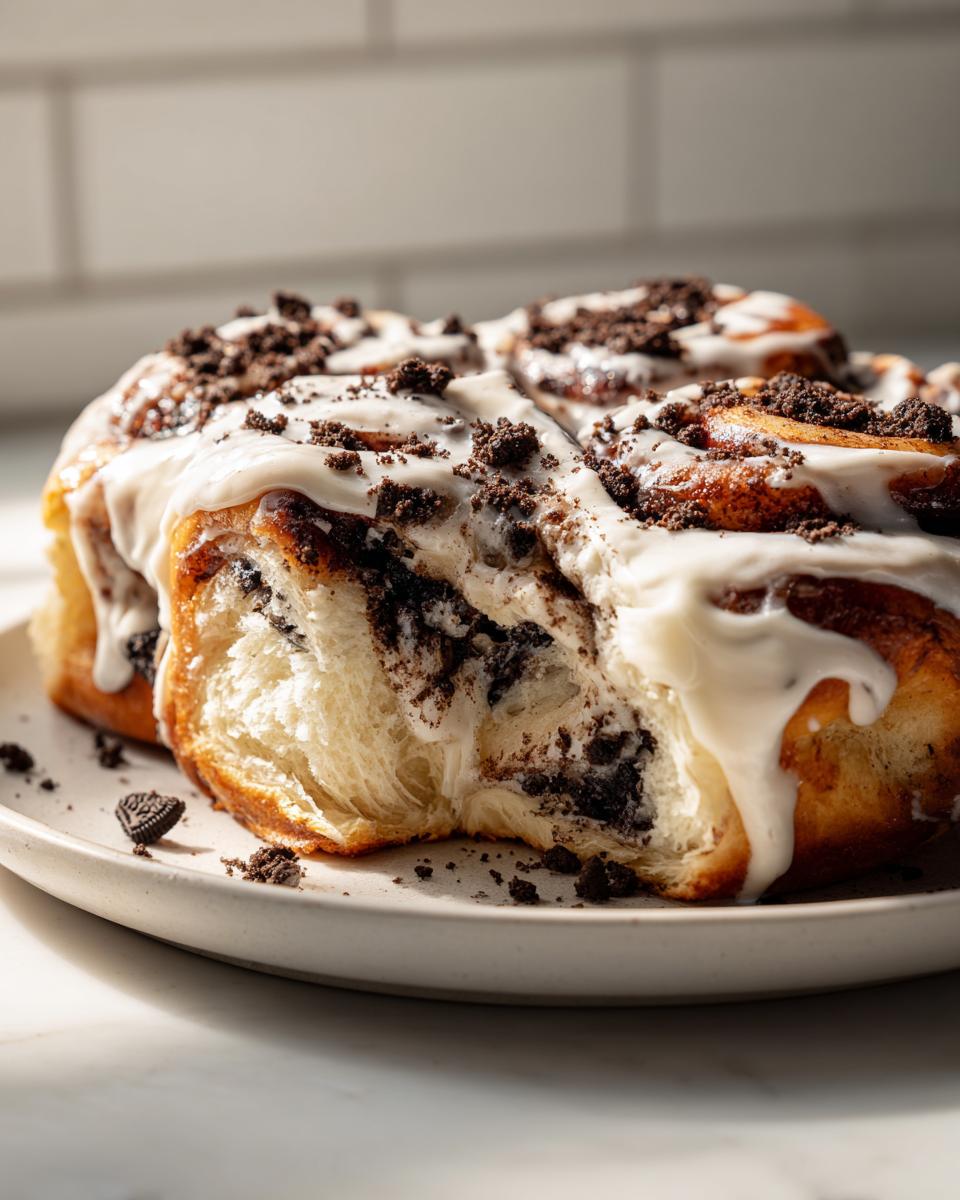 A close-up view of several soft Oreo cinnamon rolls covered in white icing and crushed Oreo pieces.
