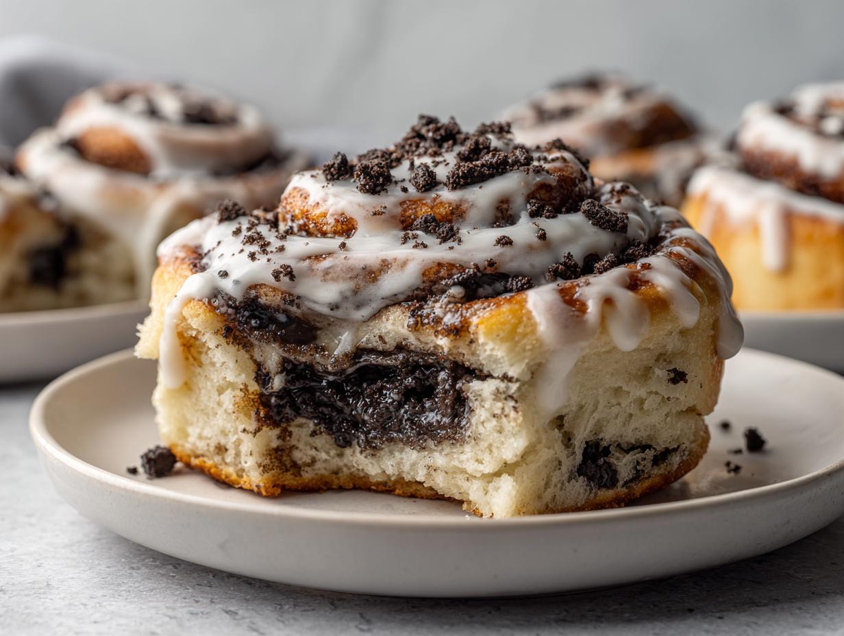 A close-up of a soft, gooey Oreo cinnamon roll, drizzled with white icing and topped with crushed Oreo pieces.