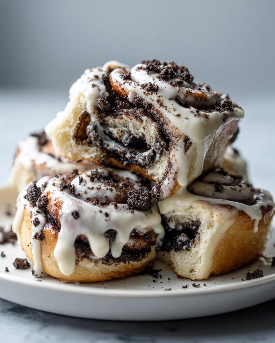 A stack of soft Oreo cinnamon rolls generously covered in white icing and crushed Oreo crumbs.