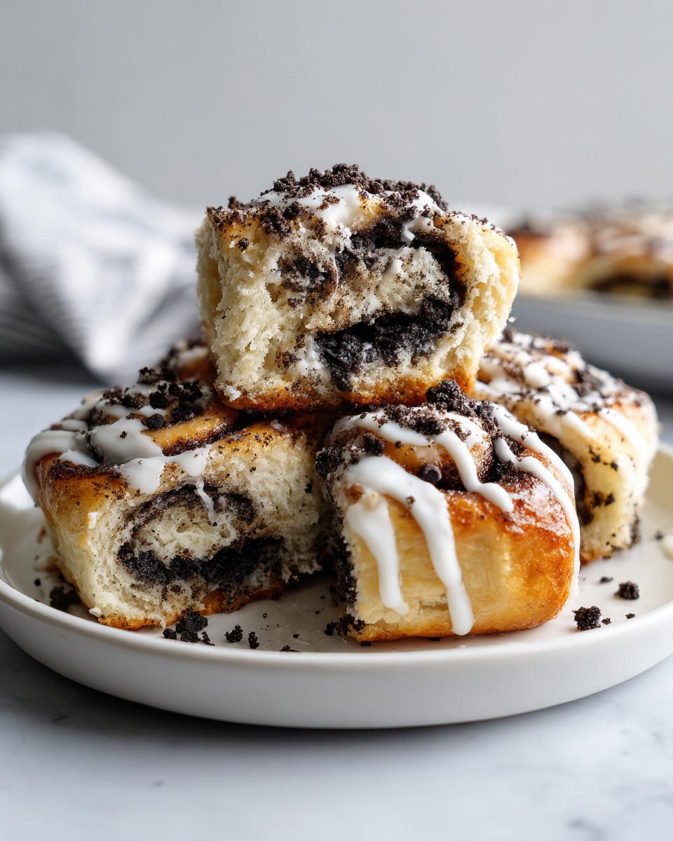 A stack of fluffy Oreo cinnamon rolls, drizzled with white icing and topped with cookie crumbs.