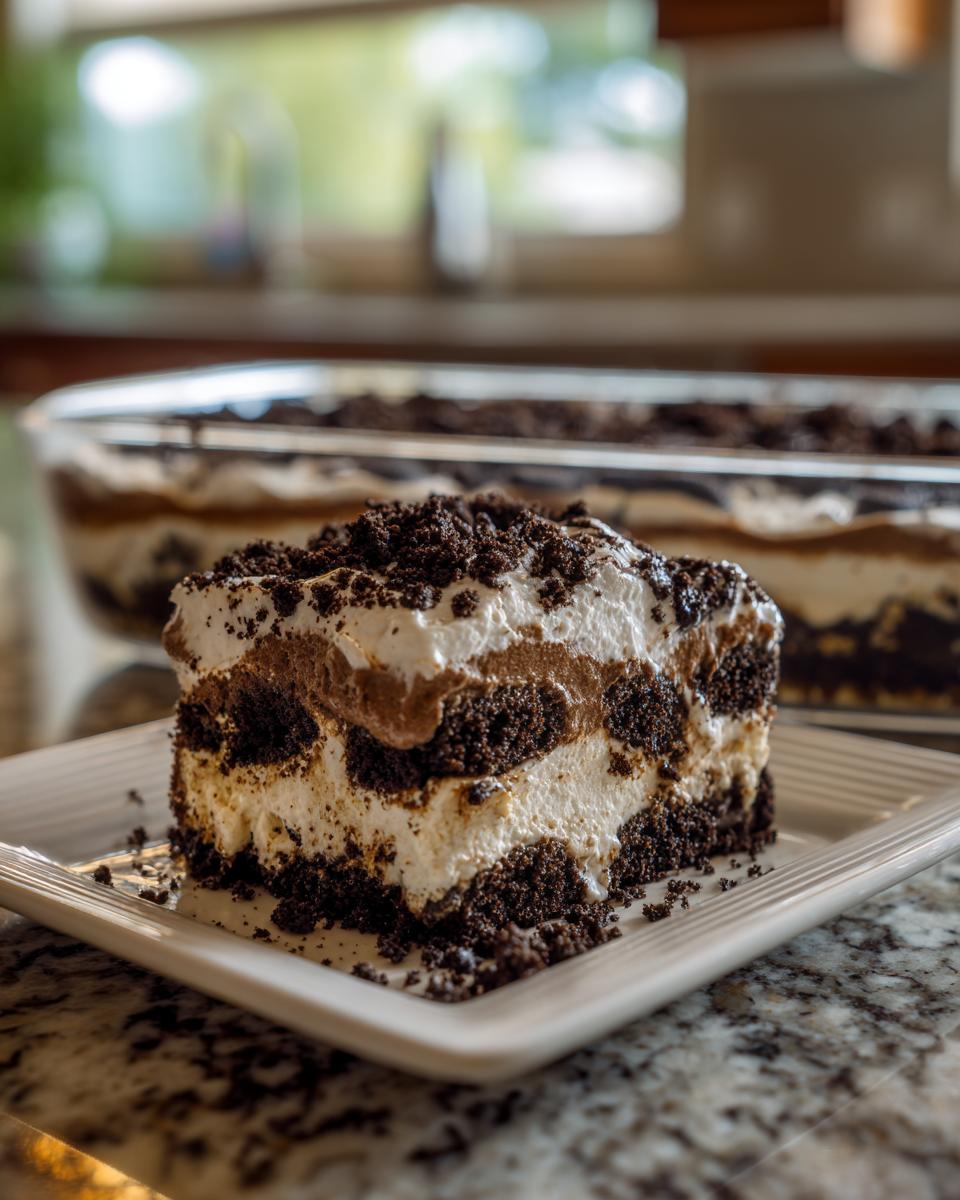 A rich, layered slice of Oreo dirt cake featuring chocolate pudding, cream, and crushed Oreo layers on a white plate.