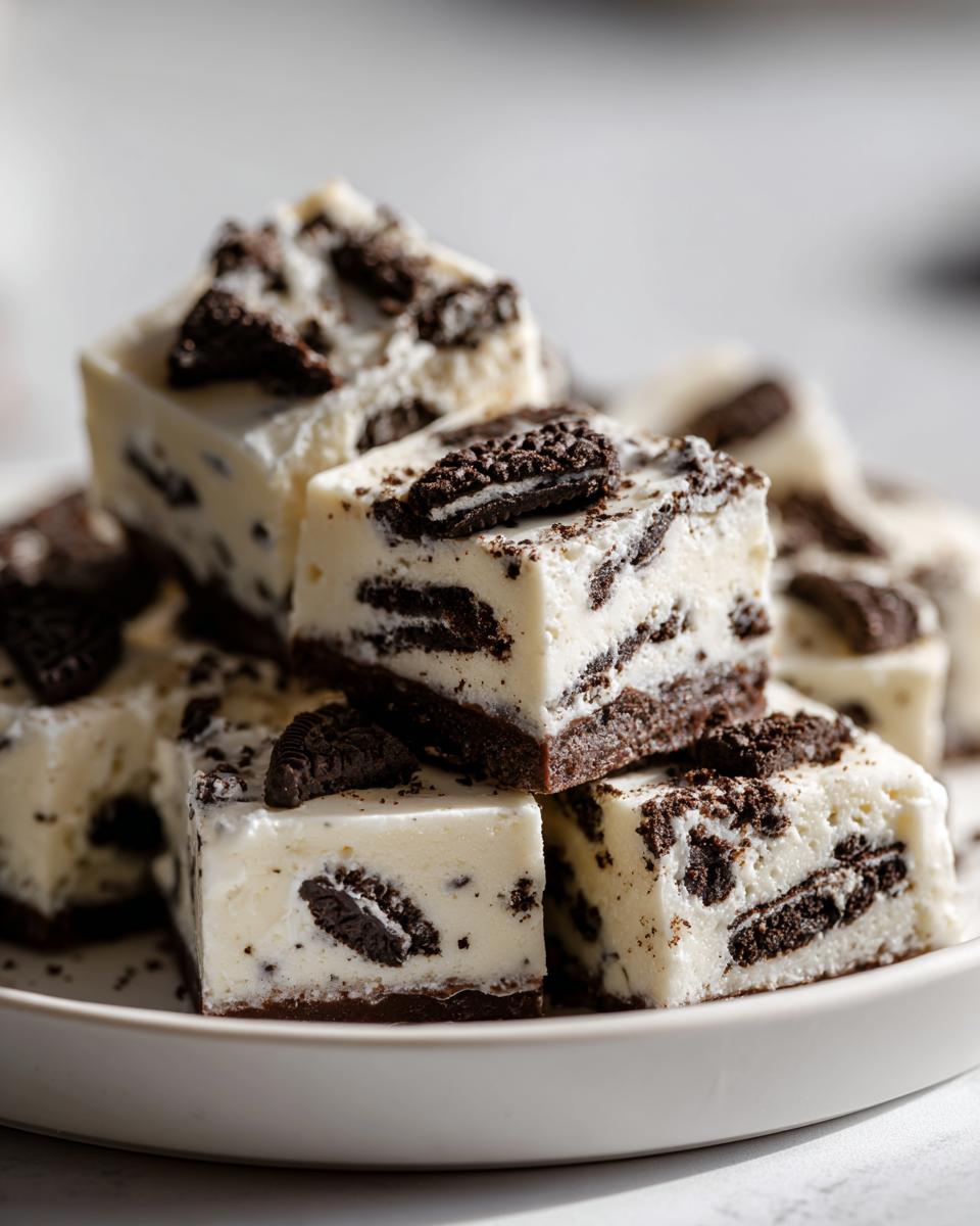 A stack of creamy white Oreo fudge squares featuring crushed cookies throughout and topped with cookie pieces.
