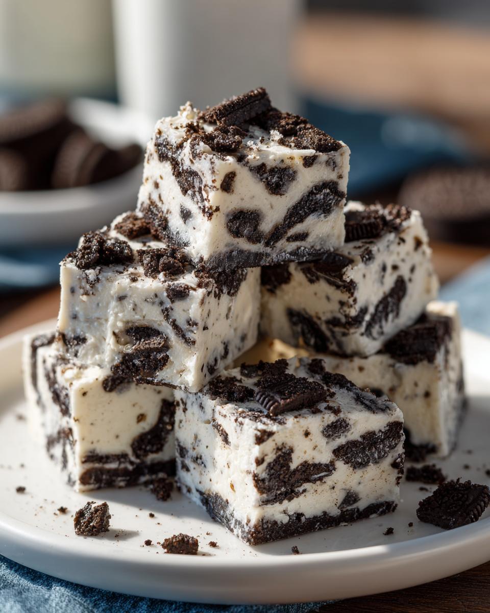 A stack of creamy white Oreo fudge squares loaded with dark chocolate cookie pieces, showcasing the amazing 3-ingredient Oreo fudge recipe.