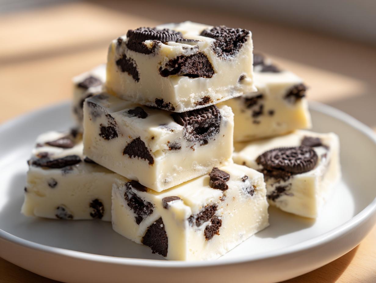 A stack of creamy white Oreo fudge squares loaded with crushed chocolate sandwich cookies.