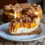 A decadent slice of peach cobbler cheesecake featuring a graham cracker crust, creamy filling, peach topping, and brown sugar crumble.