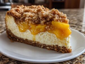 A close-up of a rich slice of peach cobbler cheesecake featuring a graham cracker crust, creamy filling, and peach topping.