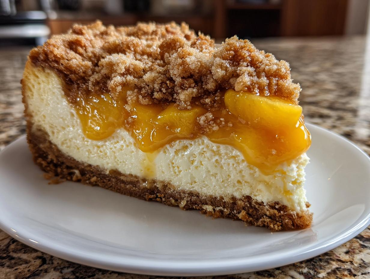 A close-up of a rich slice of peach cobbler cheesecake featuring a graham cracker crust, creamy filling, and peach topping.