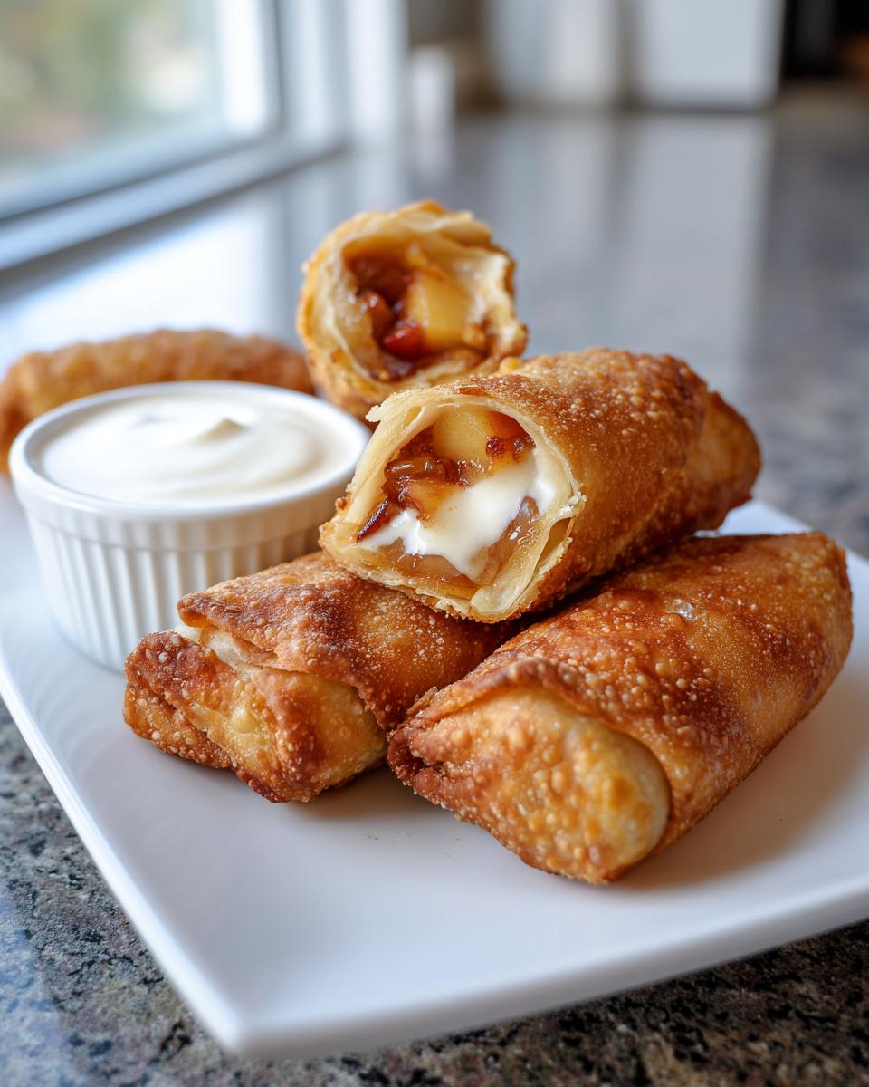 Close-up of crispy, golden peach cobbler egg rolls, one cut open showing peach filling and cream cheese.