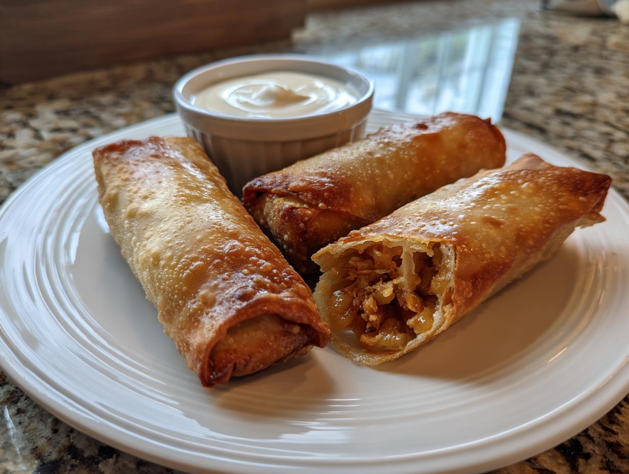 Three crispy, golden brown peach cobbler egg rolls served on a white plate with a side of dipping sauce.