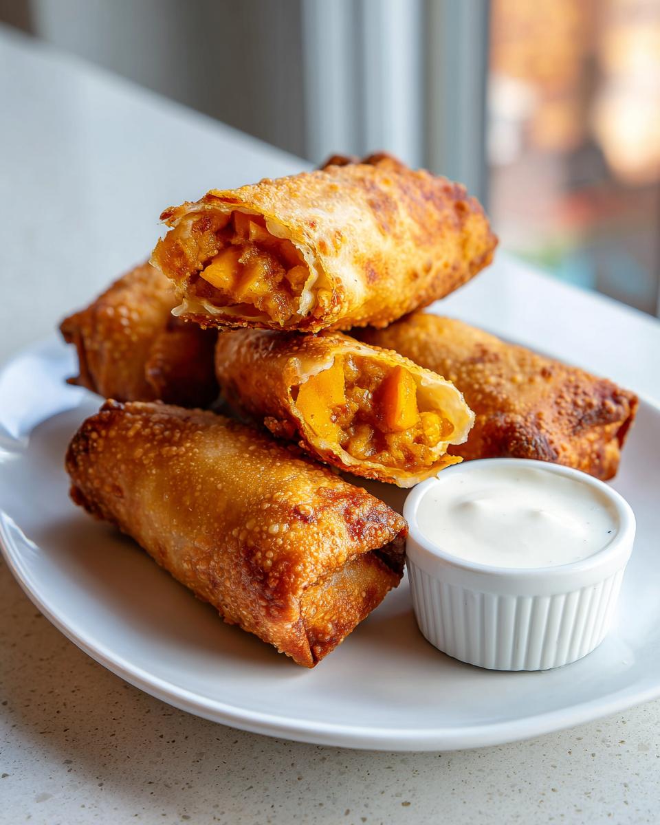 A stack of crispy, golden brown peach cobbler egg rolls, one cut open to show the peach filling, served with a side of white dipping sauce.