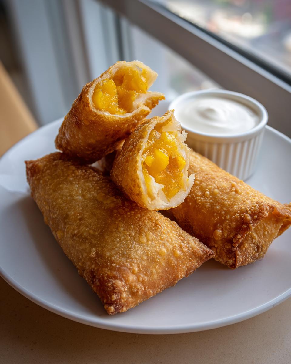 Close-up of crispy, golden peach cobbler egg rolls, one cut open showing the warm peach filling, served with a white dipping sauce.