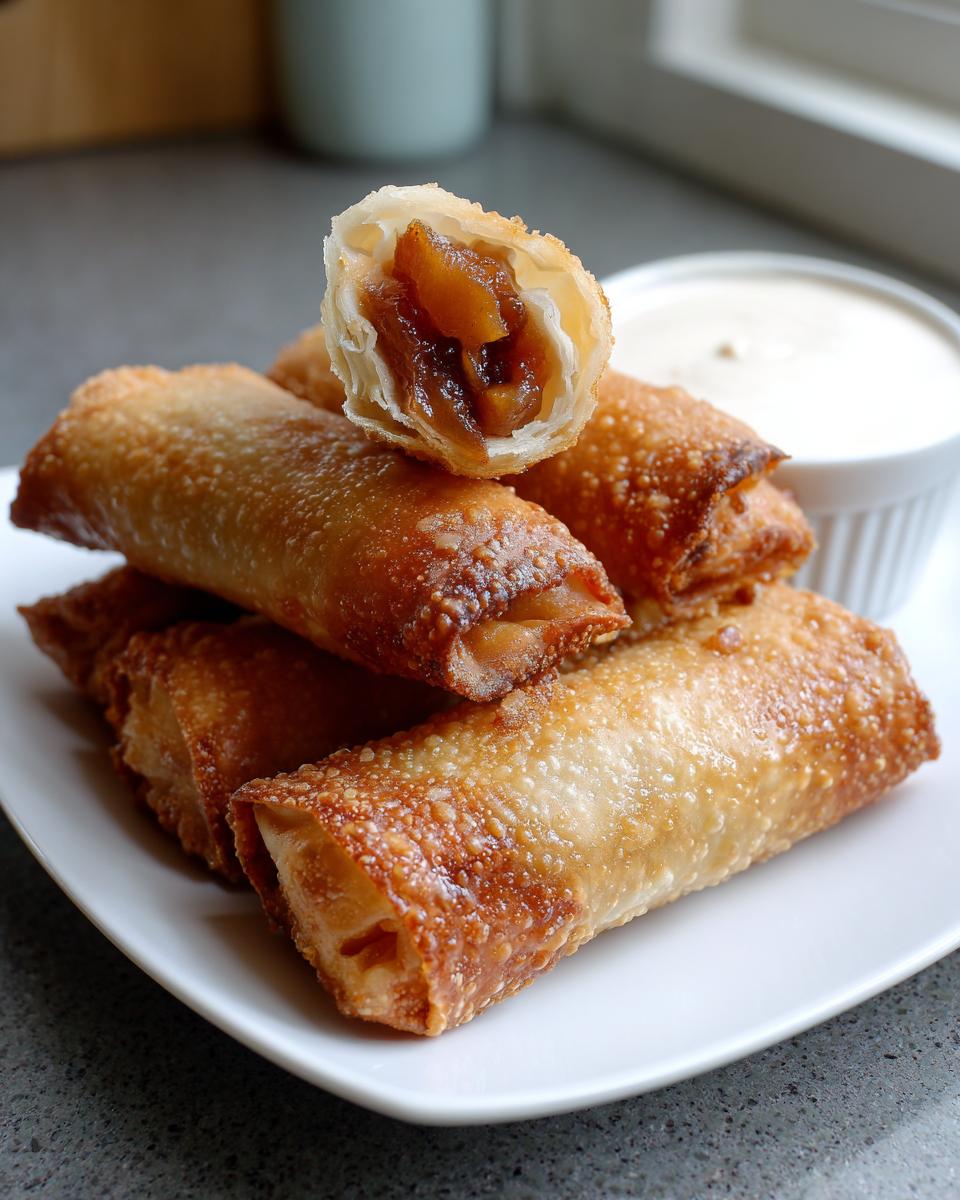 A stack of crispy, golden brown peach cobbler egg rolls served with a side of cream dipping sauce.