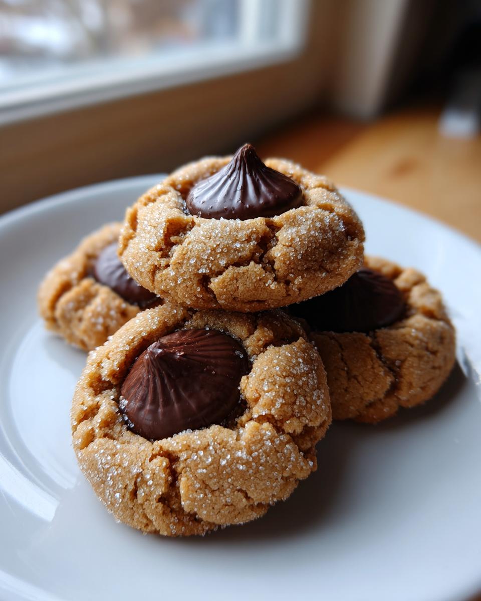 Three freshly baked peanut butter blossom cookies stacked on a white plate, featuring a chocolate kiss center and sugar coating.